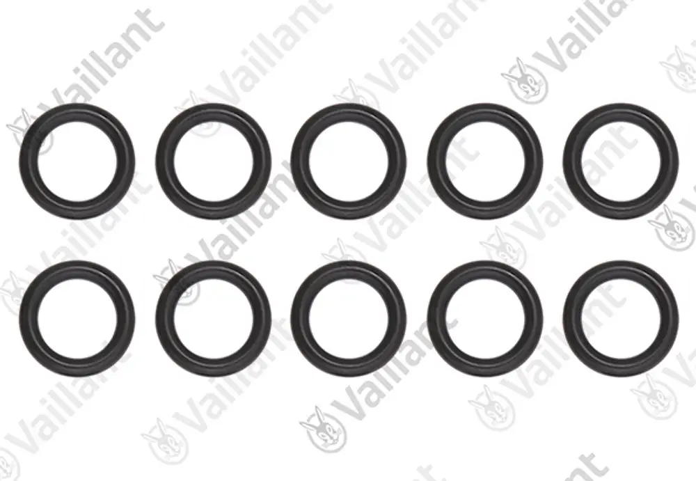 Zehn schwarze O-Ringe von Vaillant in Reihe angeordnet auf weißem Hintergrund. Die Ringe sind gleichmäßig und kreisförmig gestaltet.